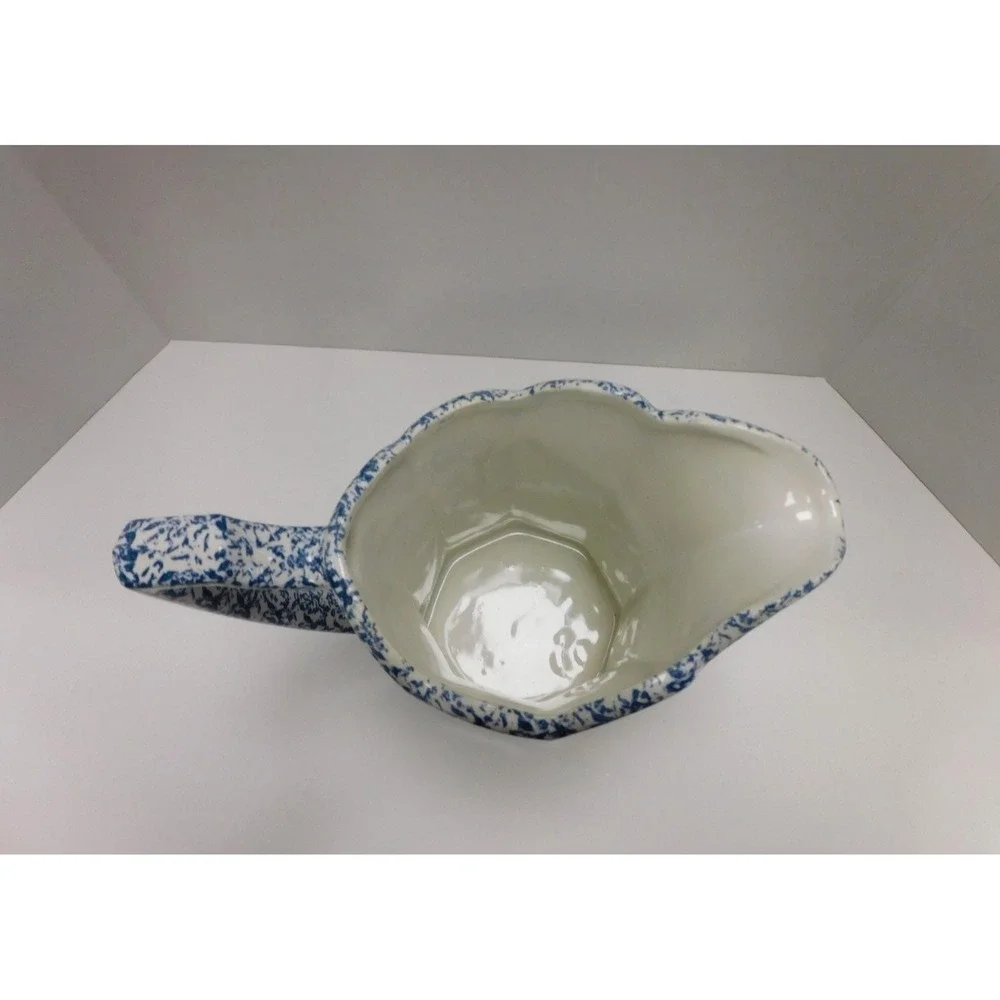 Vtg McCoy Blue and White Sponge Splatter ware Ceramic Pitcher Scalloped Edge DW8